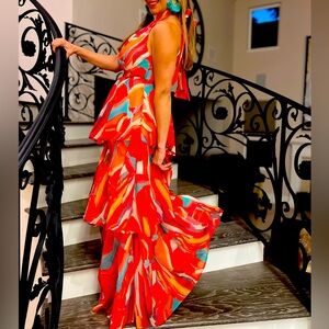 Summer maxi teared dress, halter and  back zipper watermelon color size S M L